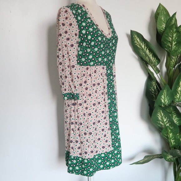 Boden Green Pink Floral 3/4 Sleeve Mini Dress Viscose Boho Spring Summer Size 2 - Picture 7 of 16